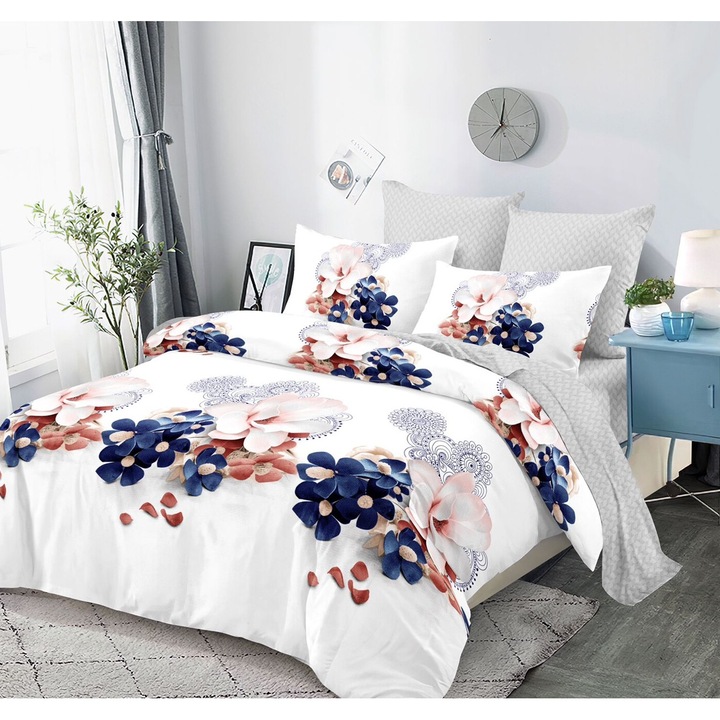 Lenjerie De Pat Finet 6 Piese, Cearceaf pat 230x260cm Cu Elastic, Cearceaf Pilota 220x200 cm, 2 Fete Perna 50x70 cm, 2 Fete Perna 70x70 cm, Cu Inimioare Punctate