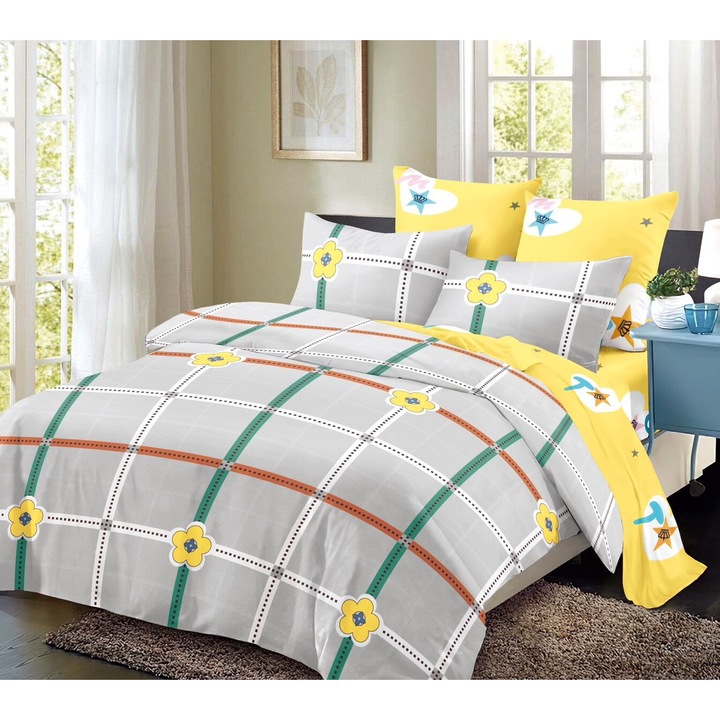 Lenjerie De Pat Finet 6 Piese, Cearceaf pat 230x260cm Cu Elastic, Cearceaf Pilota 220x200 cm, 2 Fete Perna 50x70 cm, 2 Fete Perna 70x70 cm, Cu Trandafiri Albastri si Rosi