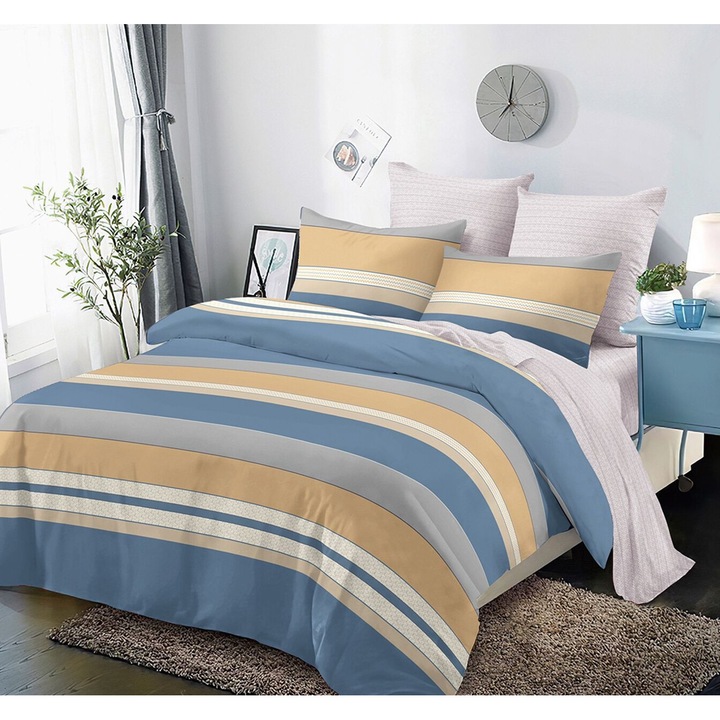 Lenjerie De Pat Finet 6 Piese, Cearceaf pat 230x260cm Cu Elastic, Cearceaf Pilota 220x200 cm, 2 Fete Perna 50x70 cm, 2 Fete Perna 70x70 cm, Cu Flori De Padure Albastre