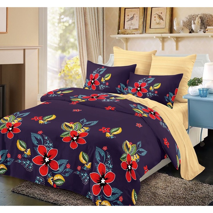 Lenjerie De Pat Finet 6 Piese, Cearceaf pat 230x260cm Cu Elastic, Cearceaf Pilota 220x200 cm, 2 Fete Perna 50x70 cm, 2 Fete Perna 70x70 cm, Cu Flori Albe