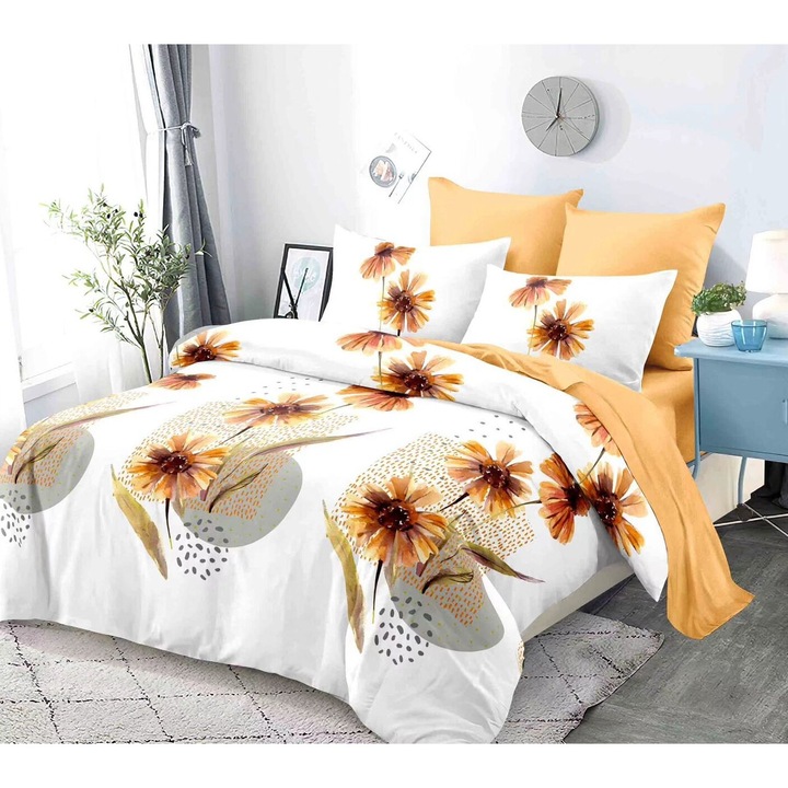 Lenjerie De Pat Finet 6 Piese, Cearceaf pat 230x260cm Cu Elastic, Cearceaf Pilota 220x200 cm, 2 Fete Perna 50x70 cm, 2 Fete Perna 70x70 cm Model cu Flori Albastre