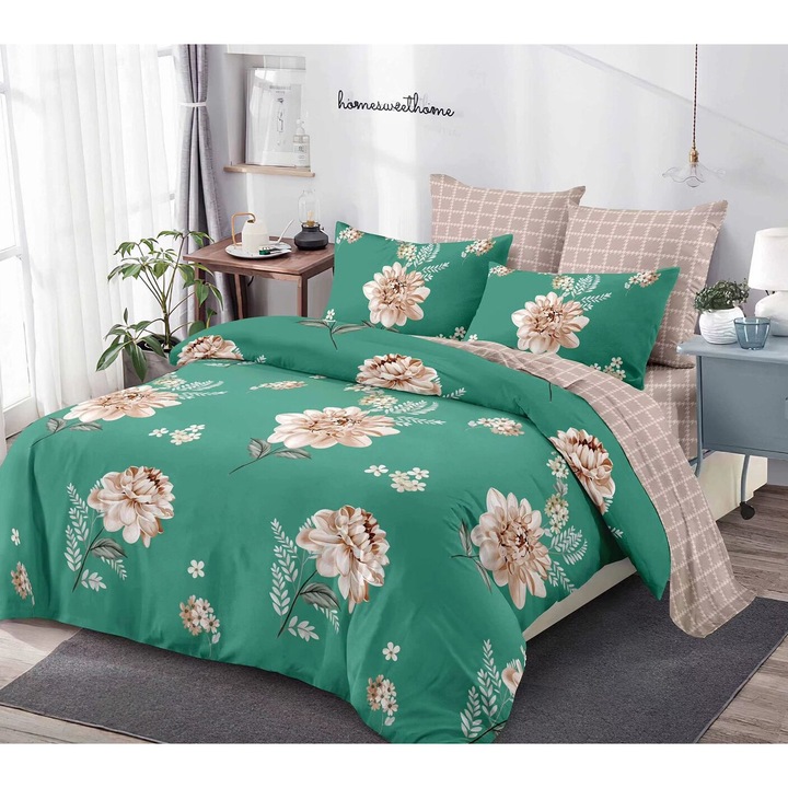 Lenjerie De Pat Finet 6 Piese, Cearceaf pat 230x260cm Cu Elastic, Cearceaf Pilota 220x200 cm, 2 Fete Perna 50x70 cm, 2 Fete Perna 70x70 cm Cu Flori Roz