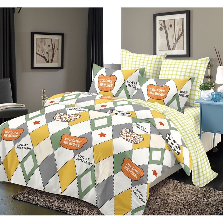 Lenjerie De Pat Finet 6 Piese, Cearceaf pat 230x260cm Cu Elastic, Cearceaf Pilota 220x200 cm, 2 Fete Perna 50x70 cm, 2 Fete Perna 70x70 cm, Cu Flori Mari Albastre