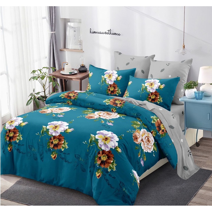 Lenjerie De Pat Finet 6 Piese, Cearceaf pat 230x260cm Cu Elastic, Cearceaf Pilota 220x200 cm, 2 Fete Perna 50x70 cm, 2 Fete Perna 70x70 cm, Cu Pene Colorate