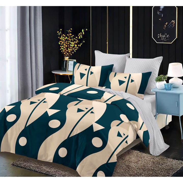 Lenjerie De Pat Finet 6 Piese, Cearceaf pat 230x260cm Cu Elastic, Cearceaf Pilota 220x200 cm, 2 Fete Perna 50x70 cm, 2 Fete Perna 70x70 cm, Model Cu Frunze Albastre