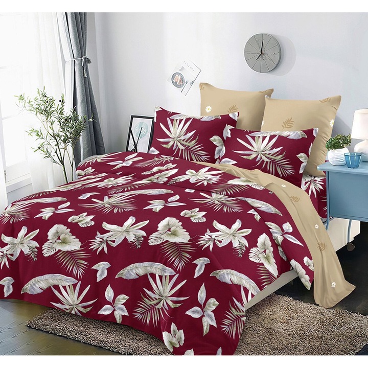 Lenjerie De Pat Finet 6 Piese, Cearceaf pat 230x260cm Cu Elastic, Cearceaf Pilota 220x200 cm, 2 Fete Perna 50x70 cm, 2 Fete Perna 70x70 cm, Cu Peisaj de Iarna