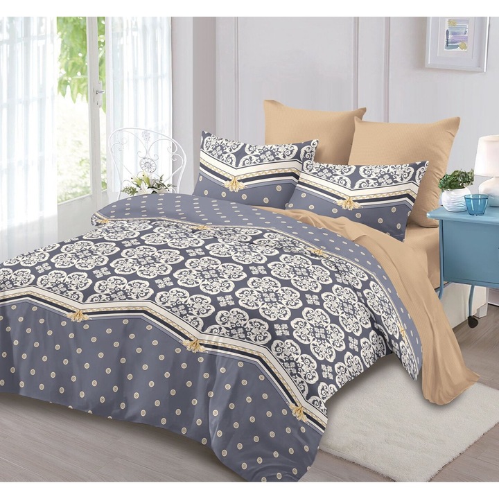 Lenjerie De Pat Finet 6 Piese, Cearceaf pat 230x260cm Cu Elastic, Cearceaf Pilota 220x200 cm, 2 Fete Perna 50x70 cm, 2 Fete Perna 70x70 cm, Cu Petale Portocali