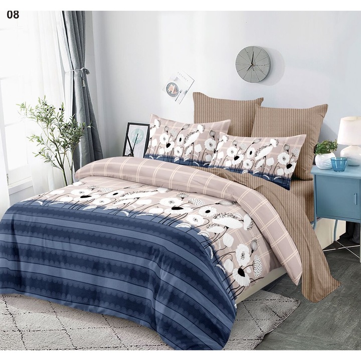 Lenjerie De Pat Finet 6 Piese, Cearceaf pat 230x260cm Cu Elastic, Cearceaf Pilota 220x200 cm, 2 Fete Perna 50x70 cm, 2 Fete Perna 70x70 cm, Cu inimioare si Fluturi