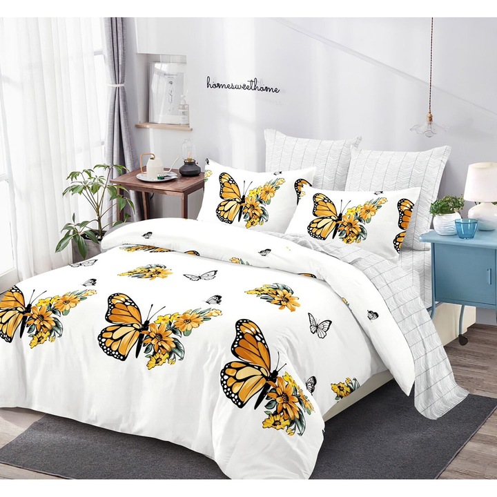 Lenjerie De Pat Finet 6 Piese, Cearceaf pat 230x260cm Cu Elastic, Cearceaf Pilota 220x200 cm, 2 Fete Perna 50x70 cm, 2 Fete Perna 70x70 cm, Cu Inimioare si Fluturi Multi Colora