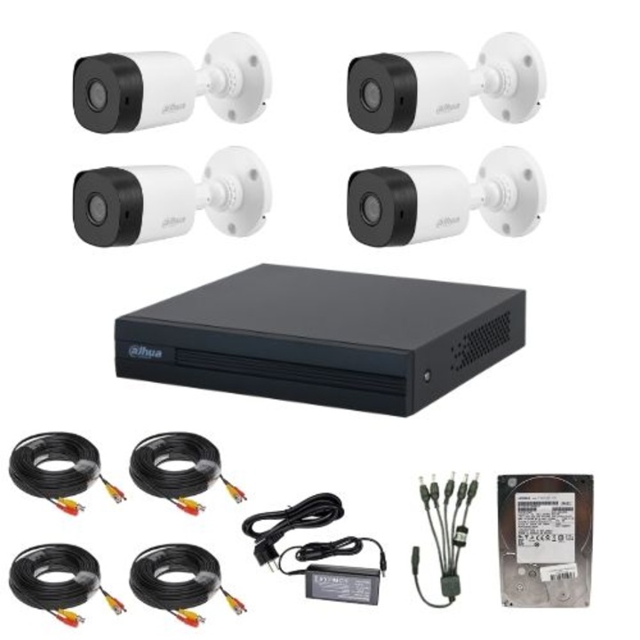 Dahua komplett kültéri megfigyelő rendszer 4 kamera 2MP IR 20m Objektív 3, 6mm, DVR 4 csatornás 1080N/720p WizSense, rögzítési tartozékok, HDD 500GB + AJÁNDÉK Rovision matrica