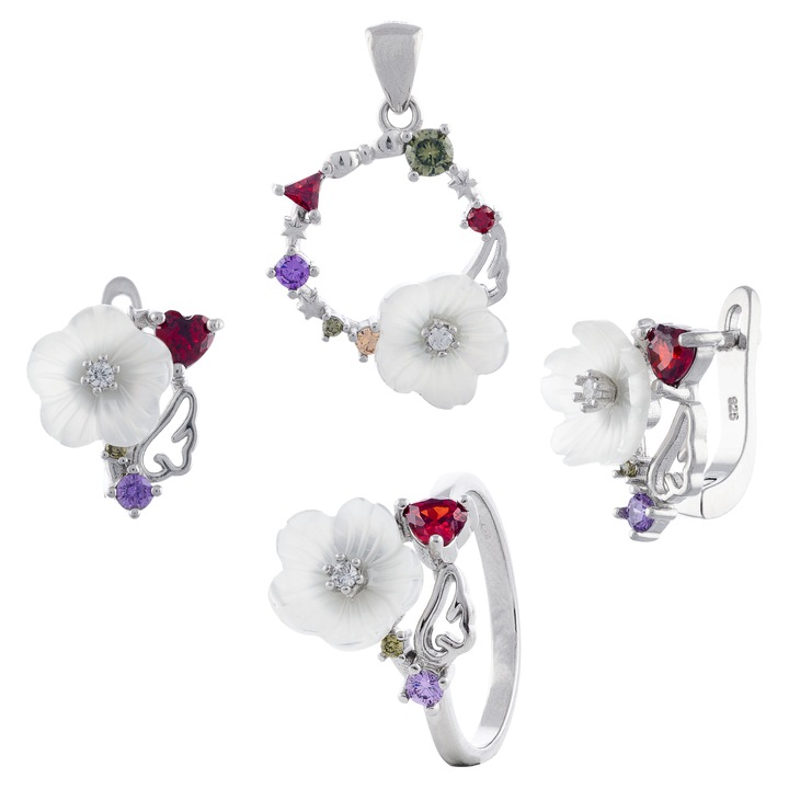Set din argint 925 rodiat (cercei+pandantiv+inel), Piatra: zirconia fatetata si sidef, Culoare: multicolor, Sonis Silver