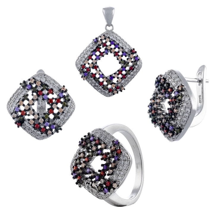 Set din argint 925 rodiat (cercei+pandantiv+inel), Piatra: cubic zirconia, Culoare : multicolor, Sonis Silver