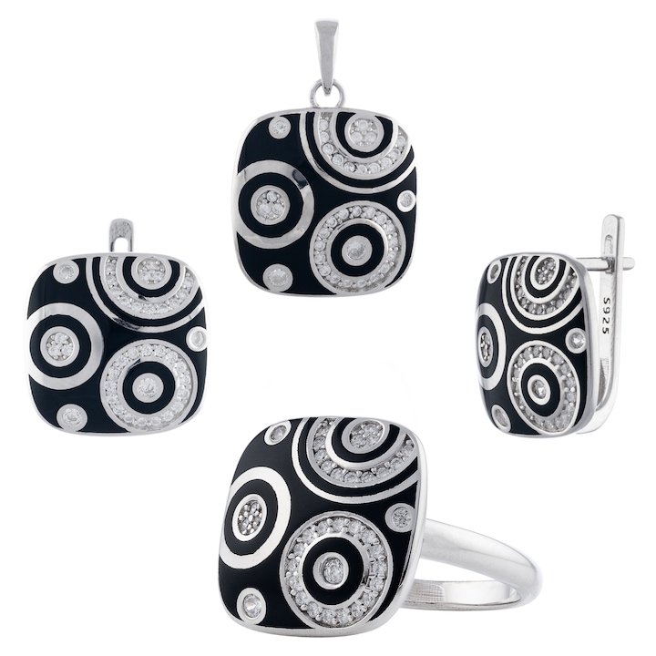 Set din argint 925 rodiat (cercei+pandantiv+inel), Piatra: cubic zirconia, email, Culoare: negru si transparent, Sonis Silver