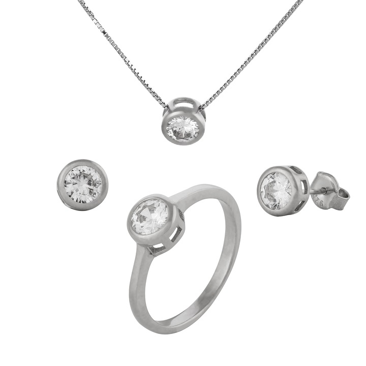 Set din argint 925 rodiat ( cercei+lant+inel ) Piatra : zirconia fatetata, Culoare : transparent, Sonis Silver