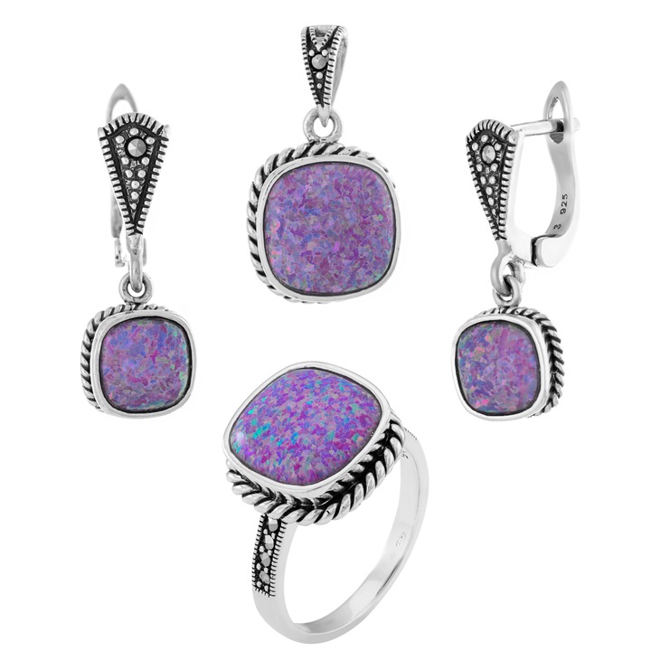 Set din argint 925 (cercei+pandantiv+inel), Piatra : opal japonez si marcasite, Culoare : mov, Sonis Silver