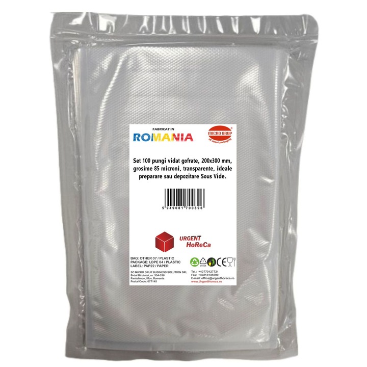 Pungi vidat gofrate, 200x300 mm, grosime 85 microni, transparente, ideale preparare sau depozitare Sous Vide, set 100 bucati