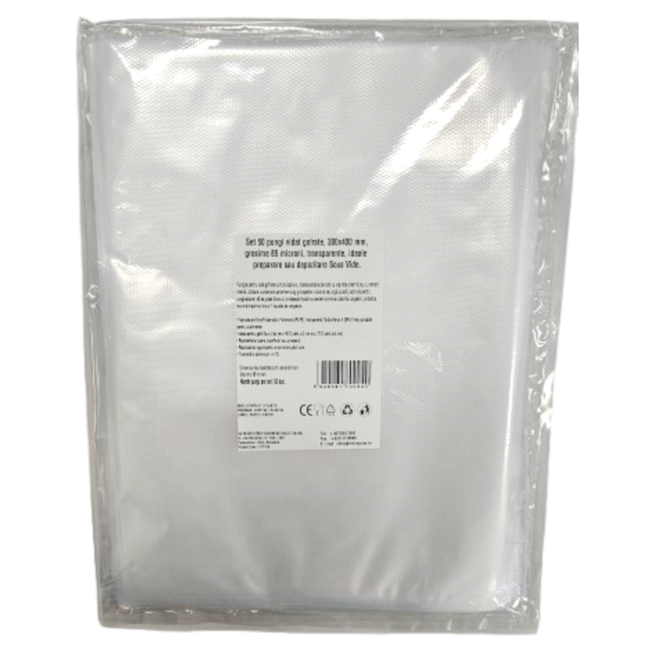 Pungi vidat gofrate, 300x400 mm, grosime 85 microni, transparente, ideale preparare sau depozitare Sous Vide, set 50 bucati