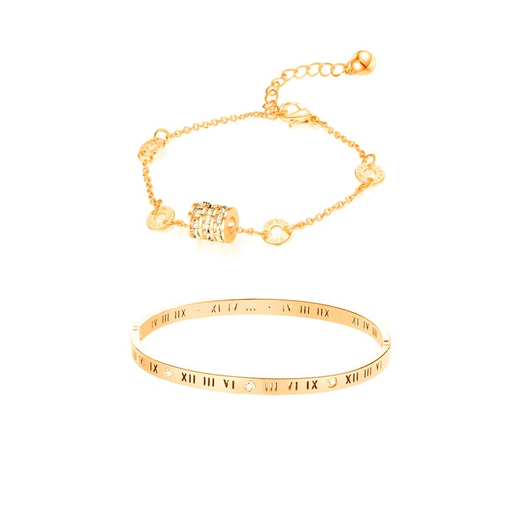 Set doua bratari de dama, bangle fixa cu cifre romane, charm-uri cu pietre zirconiu, otel inoxidabil, placat cu aur 18K, Tessero, auriu