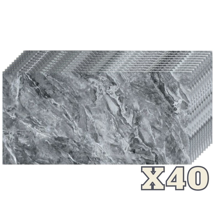 Set 40 Placi Imitatie Marmura Autoadezive ZMR, 30x60 cm, Design 'Marmura Gri Moderna', Grosime 2 mm, Material PVC Impermeabil, Acoperire: 7,2 mp – Perfecte pentru Bucatarii, Holuri sau Zone de Accent