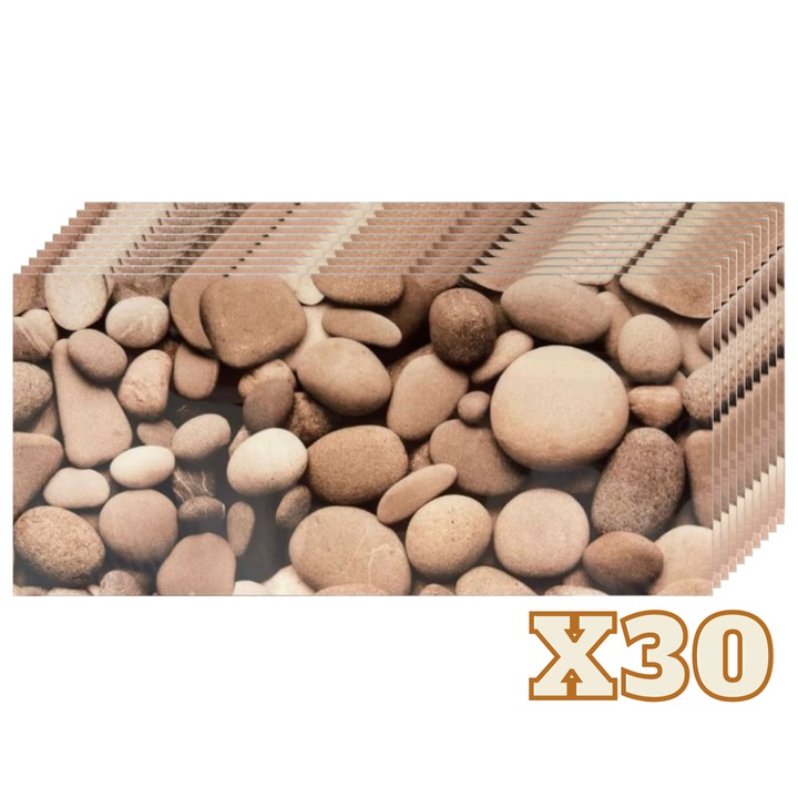 Set 30 Placi Imitatie Marmura Autoadezive ZMR, 30x60 cm, Design 'Pietricele Naturale', Grosime 2 mm, Material PVC Rezistent la Apa, Acoperire: 5,4 mp – Ideale pentru Zonele de Accent din Living sau Spatii Comerciale