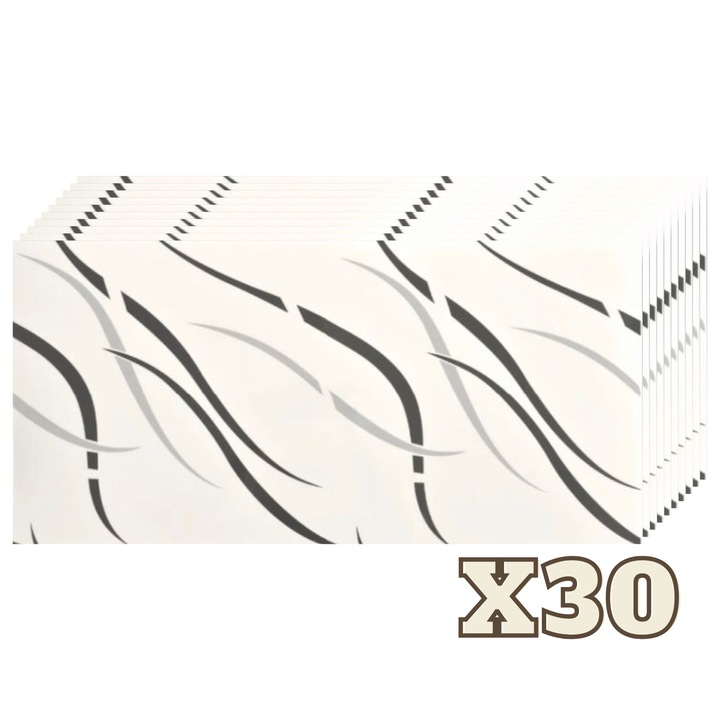 Комплект от 30 ZMR самозалепващи се имитиращи мраморни плочки, 30x60 см, модел „Абстрактни линии“, дебелина 2 мм, устойчив PVC материал, покритие: 5,4 кв.м – идеален за модерни и креативни пространства
