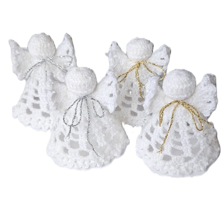 Set 4 ingerasi crosetati, 3D, albi, 9CM, decoratiuni de Craciun lucrate manual