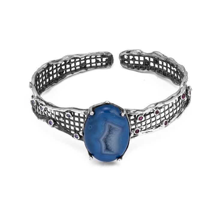 Bratara fixa din argint 925 vintage, Piatra : Agat si zirconia fatetata, Culoare : albastru, mov si roz inchis, Sonis Silver