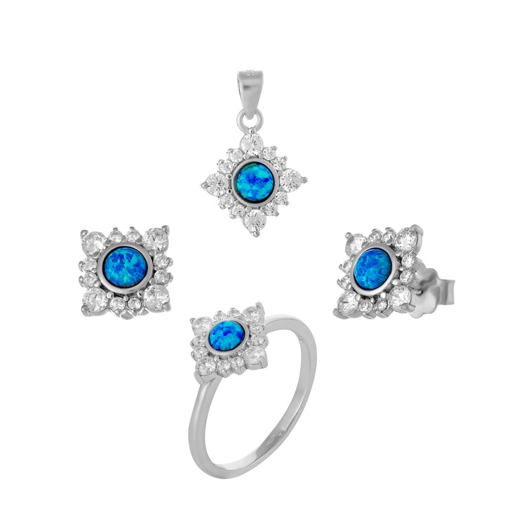 Set din argint 925 rodiat (cercei+pandantiv+inel), Piatra: opal de laborator si cubic zirconia, Culoare: albastru, transparent, Sonis Silver