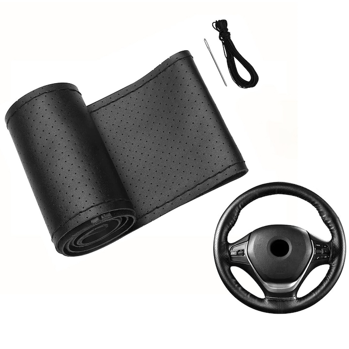 Autó kormányburkolat, Zola, természetes bőr, zsinórral és tűvel, átmérő 37 - 39 cm, kormány kerülete 120 cm, fekete