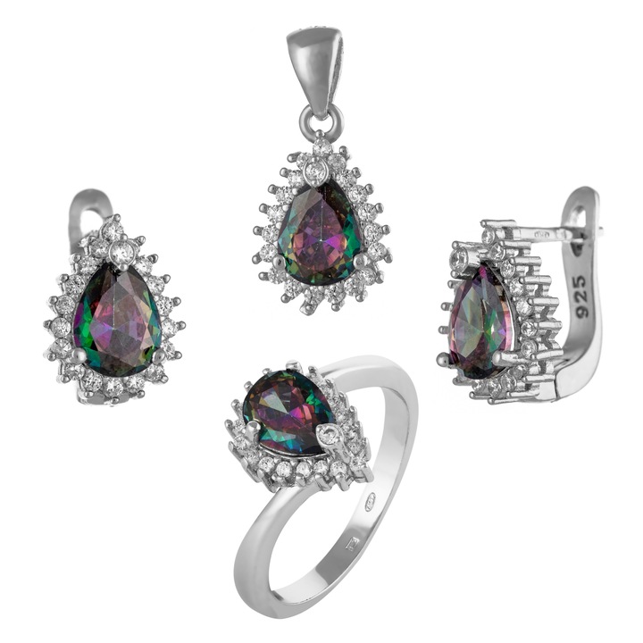 Set din argint 925 rodiat (cercei+pandantiv+inel), Piatra : mistic topaz si cubic zirconia, Culoare: variabila, transparent