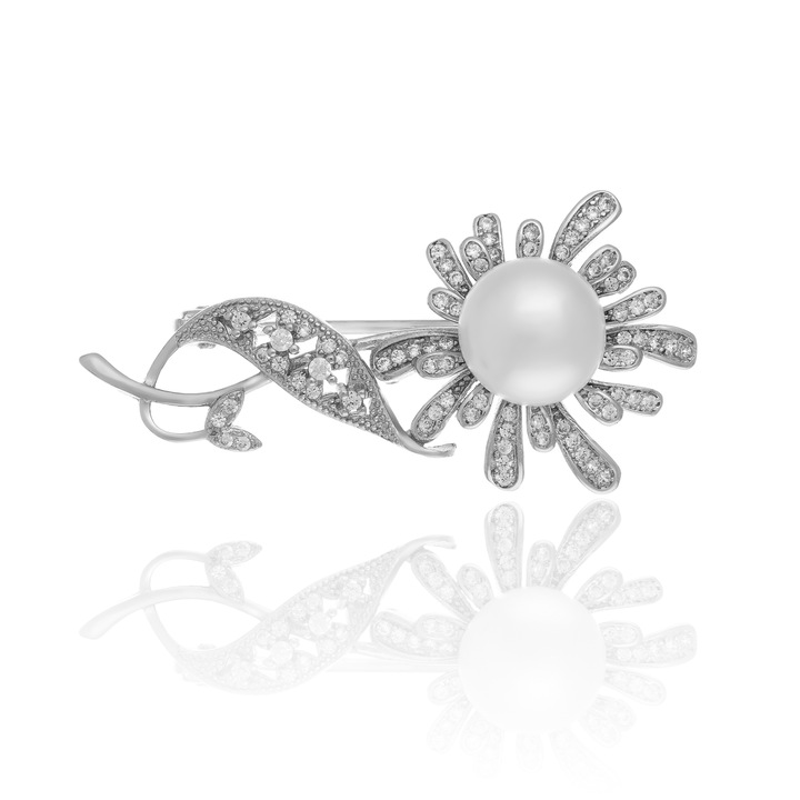 Brosa din argint 925 rodiat, Piatra : perla de laborator si cubic zirconia, Culoare : alb si transparent