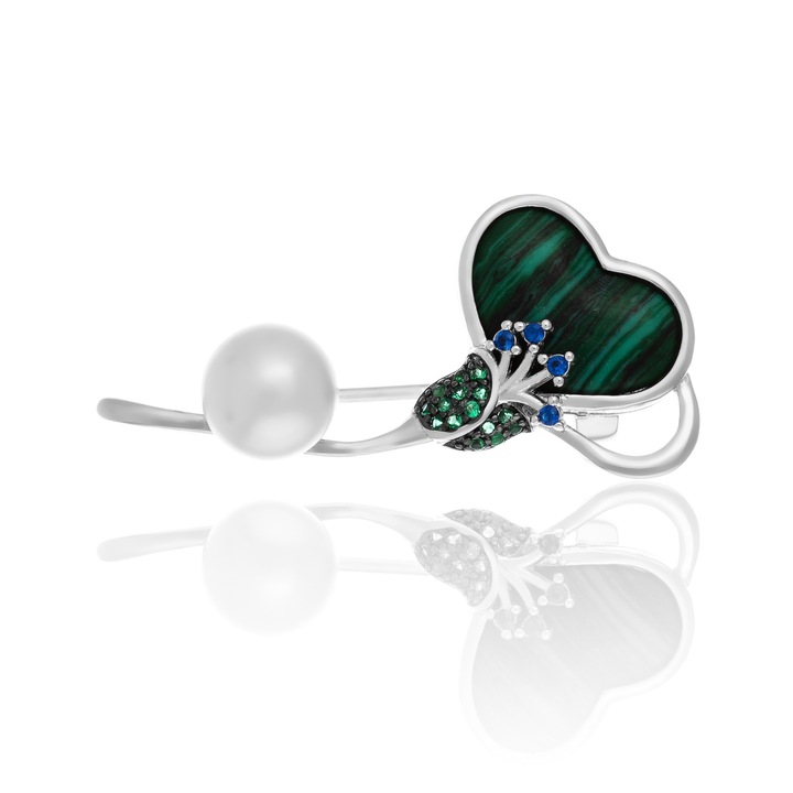 Brosa din argint 925 rodiat, Piatra : malachit, perla de laborator si cubic zirconia, Culoare, verde, alb si albastru