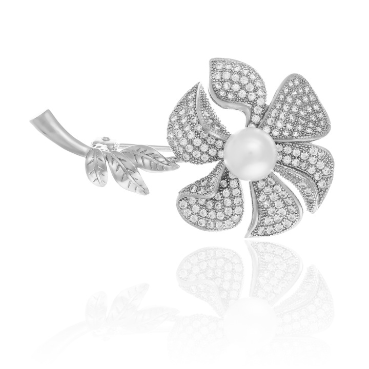 Brosa din argint 925 rodiat, Piatra : perla de laborator si cubic zirconia, Culoare: alb si transparent