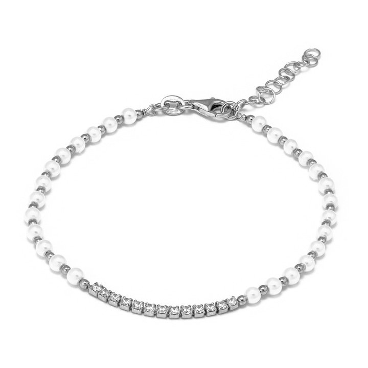 Bratara din argint 925 rodiat, Piatra : zirconia fatetata si perla de laborator, Culoare : transparenta si alb, Sonis Silver