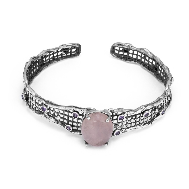 Bratara fixa din argint 925 vintage, Piatra : quart si zirconia fatetata, Culoare : roz si mov, Sonis Silver