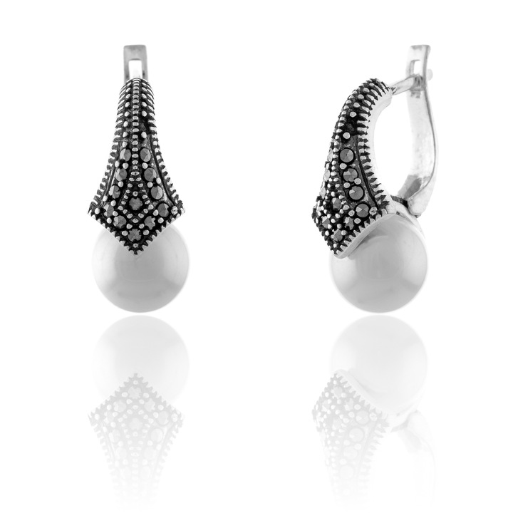 Cercei din argint 925 rodiat, Piatra: perla de laborator, Culoare : alb, Sonis Silver