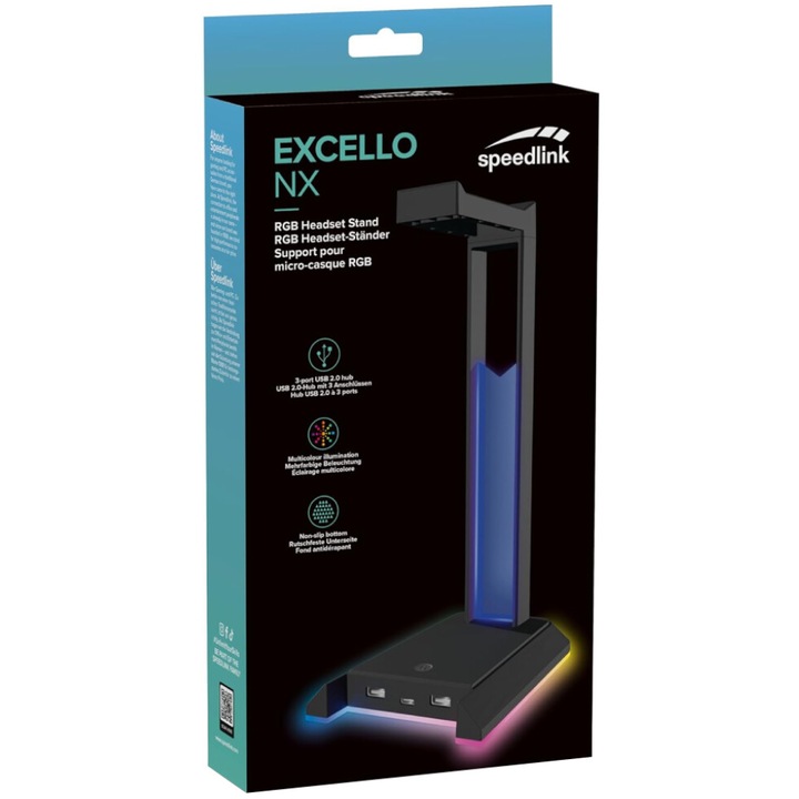 Стойка за слушалки Speedlink Excello Nx Rgb, USB 2.0 хъб, черна