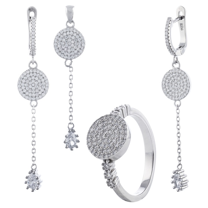 Set din argint 925 rodiat (cercei+pandantiv+inel), Piatra: zirconia fatetata si cubic zirconia, Culoare: transparent, Sonis Silver Sonis Silver