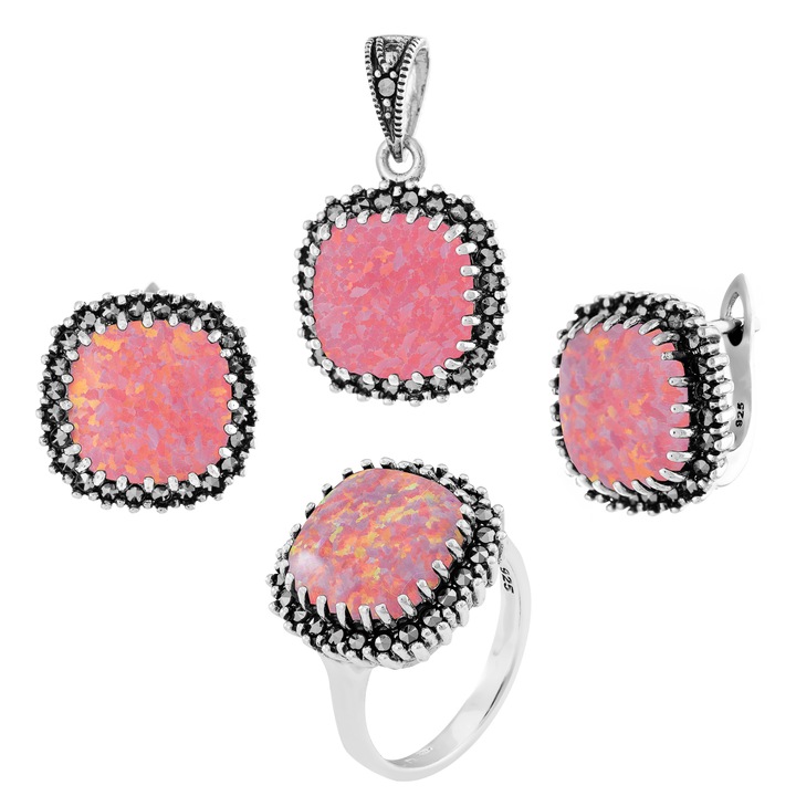 Set din argint 925 ( cercei+pandantiv+inel), Piatra: opal japonez si marcasite, Culoare: roz, Sonis Silver