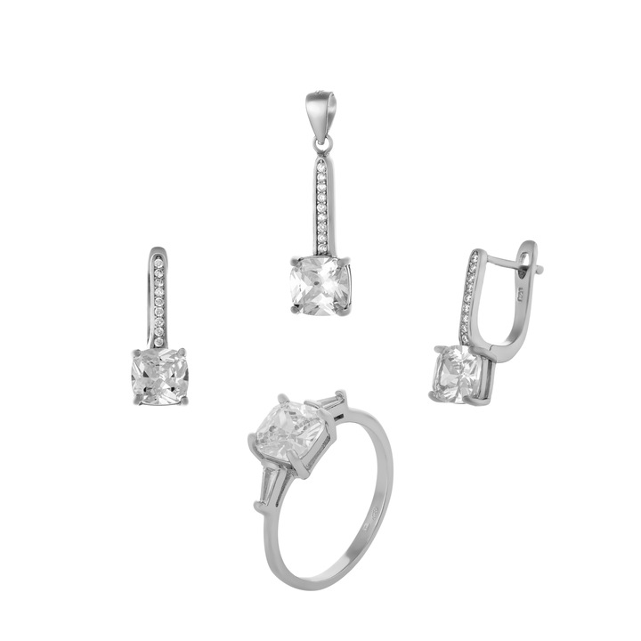 Set din argint 925 rodiat ( cercei+pandantiv+inel), Piatra : zirconia fatetata si cubic zirconia, Culoare : transparenta, Sonis Silver