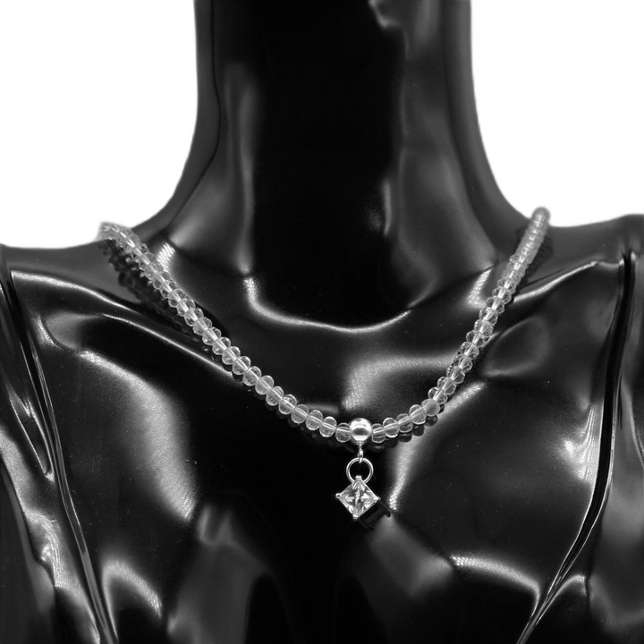 Colier pietre semipretioase cristal de stanca 4 mm, zirconiu, argint 925, lungime reglabila pana la 46 cm