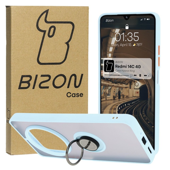 Tok, Bizon Case Hybrid Ring kompatibilis Xiaomi Redmi 14C 4G / POCO C75, Átlátszatlan, világoskék szegéllyel