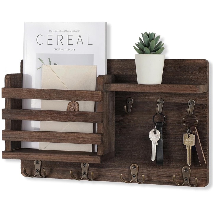 Кутия за ключове със 7 куки, рафт за съхранение, Axroad Mall, Дървото на живота, монтирана на стена, ръчно рисувана, пространство за съхранение, 5 кг капацитет, лесна за използване, издръжлива, дървена, размери 42,7 x 25,4 x 8,2 см, кафява
