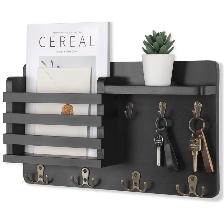 Кутия за ключове със 7 куки, рафт за съхранение, Axroad Mall, Дървото на живота, монтирана на стена, ръчно рисувана, място за съхранение, 5 кг капацитет, лесна за използване, издръжлива, дървена, размери 42,7 x 25,4 x 8,2 см, черна