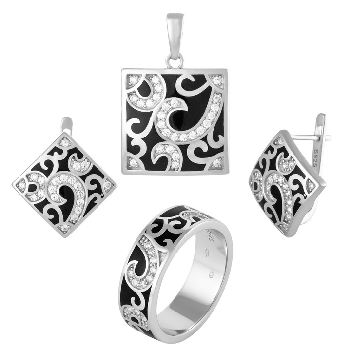 Set din argint 925 (cercei+pandantiv+inel) rodiat, Piatra : cubic zirconia si email, Culoare : transparent si negru, Sonis Silver