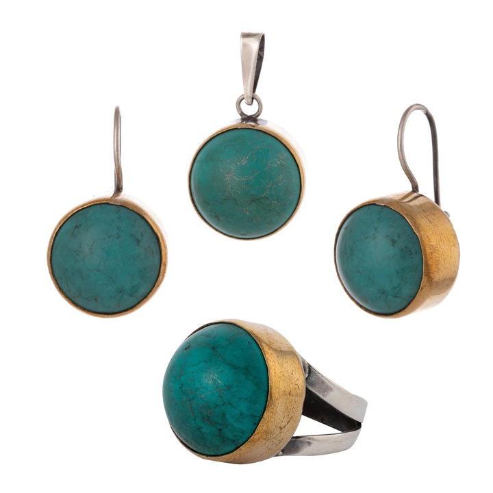 Set din argint 925 vintage (cercei+pandantiv+inel), Piatra: turquoise, Culoare: turquoise