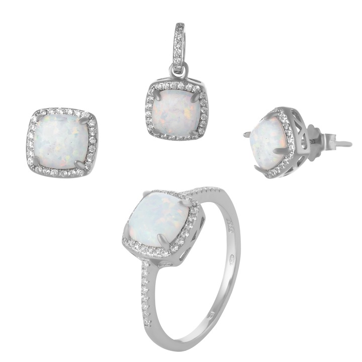 Set din argint 925 (cercei+pandantiv+inel) rodiat, Piatra : opal de laborator, cubic zirconia, Culoare : alb cu insertii si transparent