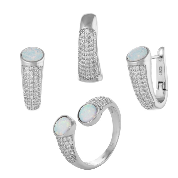Set din argint 925 rodiat ( cercei+pandantiv+inel), Piatra : opal de laborator si cubic zirconia, Culoare : alb si transparent