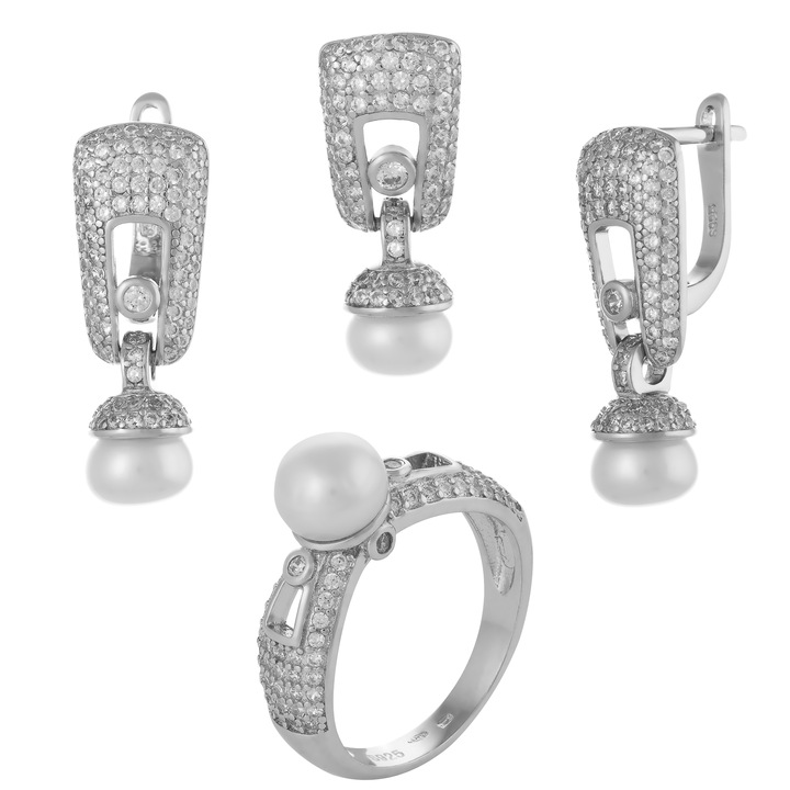 Set din argint 925 rodiat ( cercei+pandantiv+inel), Piatra : opal si cubic zirconia, Culoare : alb si transparent