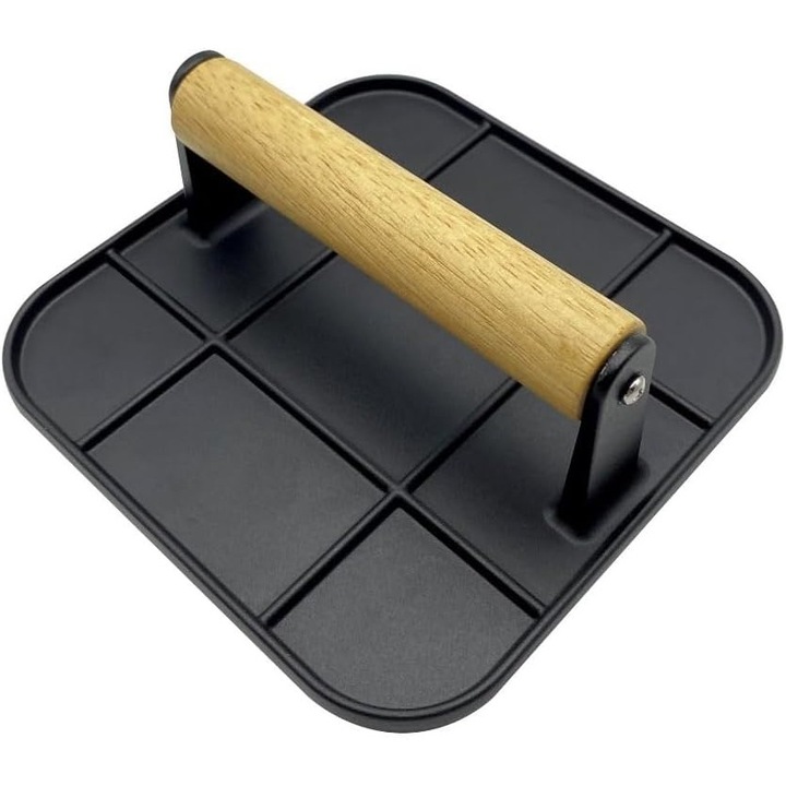 Presa Manuala pentru Carne, OEM, din Aliaj de Aluminiu, Maner din Lemn, Presa pentru Burgeri, Usor de Curatat si Folosit, Patrata, 16x16x6 cm, Neagra